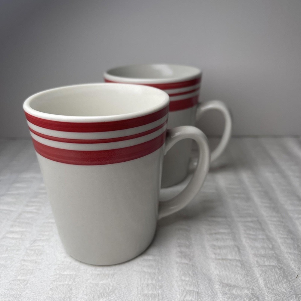Pair of Tabletops Ellipse Hand Painted Mugs White + Red 12 Oz